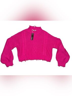 Hot Pink Cropped Cable Knit Sweater large